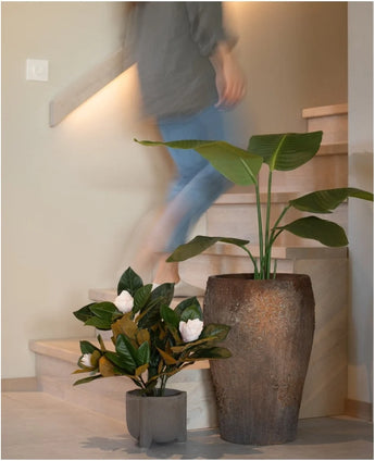 Een persoon loopt een houten trap op, langs twee potplanten: de ene is de Kunstplant Magnolia in een pot van 46 cm met grote groene bladeren, en de andere is een kleine, onderhoudsvriendelijke plant met witte bloemen. Beide staan aan de voet van de trap als stijlvolle interieurdecoratie.