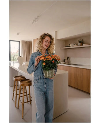 Een vrouw met krullend blond haar, gekleed in een spijkerblouse en een spijkerbroek, staat in een moderne keuken met in haar handen een Kunstplant Daisy UV van 31 cm met feloranje bloemen. Naast haar staan twee houten krukjes bij het keukeneiland.