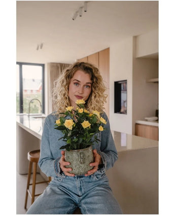 Een vrouw met krullend blond haar, gekleed in spijkerkleding, zit in een moderne keuken met de Kunstplant Mini Rose UV 35 cm geel in haar handen en kijkt recht in de camera.