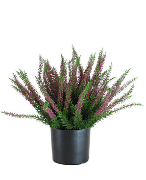 De Kunstplant Erica 33 cm is een rechtopstaande kunstplant in een zwarte pot, met bossige groene bladeren en talloze lange stelen versierd met kleine paarse en roze bloemen die zich naar buiten verspreiden.