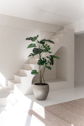 De Kunstplant Monstera 210 cm staat in een minimaal, zonovergoten interieur met witte muren, moderne lijnen, een trap en een beige vloerkleed. Zacht natuurlijk licht benadrukt het strakke ontwerp van de ruimte.
