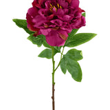 De Kunstbloem Pioen 61 cm roze is een enkele kunstbloem in de vorm van een pioenroos in donkerroze met gelaagde bloemblaadjes en groene bladeren aan een bruine steel, afgebeeld tegen een witte achtergrond.