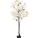 De Kunstplant Bougainvillea 180 cm wit is een hoge kunstboom met donkere takken, kleine groene bladeren en witte LED-lampjes in een eenvoudige zwarte pot, tegen een effen witte achtergrond.