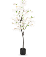 De Kunst Kersenbloesem 150 cm wit is een hoge kunstkersenboom met delicate witte bloemen en kleine groene blaadjes in een eenvoudige zwarte pot, afgebeeld tegen een effen lichte achtergrond.