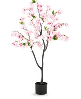 Kunst Kersenbloesem 120 cm roze met roze bloemen en groene bladeren in een zwarte pot, gemaakt van zijde bloemen voor een realistische uitstraling, tegen een witte achtergrond.