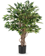 De Kunstplant Ficus Liana 90 cm heeft gedraaide bruine stammen en dichte groene bladeren in een zwarte pot, ideaal als kantoorplant of voor elke ficusverzameling, afgebeeld tegen een witte achtergrond.