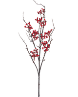 De Kunsttak Berry 93 cm rood heeft een kale bruine tak met meerdere uitlopers en trossen felrode bessen tegen een effen witte achtergrond.