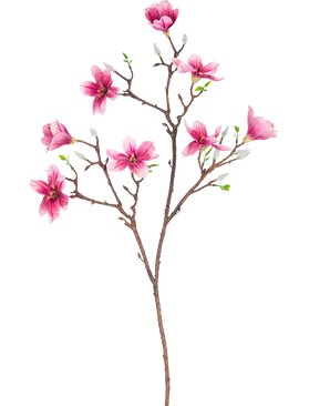 De Kunsttak Magnolia kleinbloemig 89 cm roze heeft een tak met verschillende bloeiende roze magnolia bloemen en groene bladeren, perfect voor decoratief gebruik.