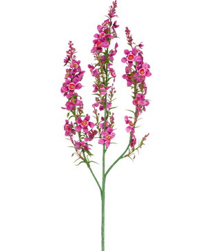 Een Kunstbloem Catnip 75 cm lichtroze heeft een enkele groene steel met drie takken, elk met clusters van kleine, lichtroze bloemen en groene bladeren, tegen een effen witte achtergrond.