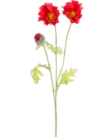 De Kunstbloem Klaproos 73 cm rood heeft een enkele groene stengel met twee open rode klaproosbloemen, een gedeeltelijk gesloten rode knop en lichtgroene bladeren, allemaal tegen een effen witte achtergrond.