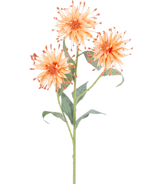 Een Kunstbloem Scabiosa Japonica 70 cm perzik steel met drie oranje kunstbloemen, stekelige bloemblaadjes en groene bladeren, afgebeeld tegen een witte achtergrond.