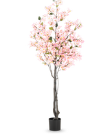 Kunstplant Bougainvillea 180 cm roze met meerdere takken vol kleine roze bloemen en groene bladeren in een eenvoudige zwarte pot, tegen een witte achtergrond.