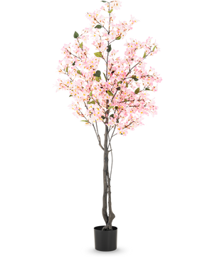Kunstplant Bougainvillea 180 cm roze met meerdere takken vol kleine roze bloemen en groene bladeren in een eenvoudige zwarte pot, tegen een witte achtergrond.