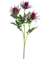 De Kunsttak Distel 67 cm paars heeft een enkele steel met drie stekelige, paarse distelachtige bloemen en grillige groene bladeren tegen een witte achtergrond.