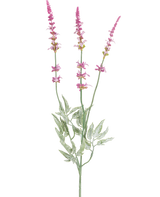 De Kunsttak Lavendel 66 cm paars heeft een enkele stengel met drie hoge, slanke aren van kleine paarse bloemen en meerdere groene, gekartelde bladeren tegen een witte achtergrond.