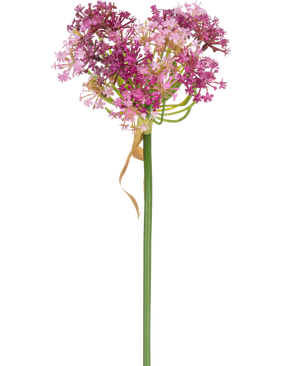De Kunstbloem Allium 60 cm paars heeft een hoge groene steel met een hartvormige tros kleine roze en paarse bloemen, geaccentueerd door een dun, gedroogd lichtbruin blad dat losjes om de steel zit, tegen een witte achtergrond.