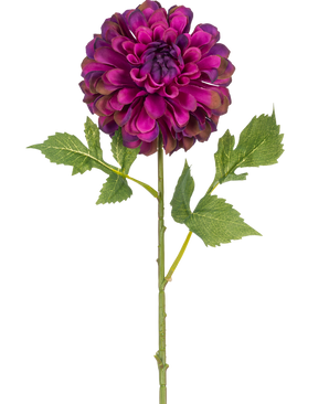 Een enkele Kunstbloem Dahlia 50 cm paars met levendige paarse gelaagde bloemblaadjes en groene bladeren, geïsoleerd op een witte achtergrond.