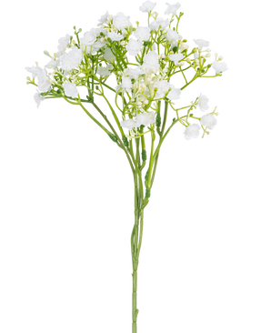 Een enkele Kunsttak Gipskruid van 46 cm met kleine, delicate witte bloemen en groene stelen tegen een effen witte achtergrond.