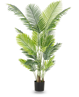 De Kunstplant Phoenix 180 cm is een hoge kunstplant met weelderige groene bladeren in een zwarte pot die een tropische sfeer toevoegt aan elke ruimte. Afgebeeld tegen een effen witte achtergrond.