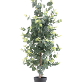 Kunstplant Eucalyptus 91 cm met ronde groene bladeren en kleine gele accenten in een zwarte pot, afgebeeld tegen een effen witte achtergrond.