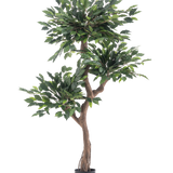 De Kunstplant Ficus Crazy 150 cm is een hoge kunstboom met drie trossen dichte groene bladeren en een gedraaide bruine stam, in een eenvoudige zwarte pot tegen een witte achtergrond.