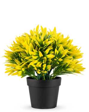 De Kunstplant Yellow sun in pot UV 22 cm heeft een zwarte bloempot met een dichte, kunstplant met puntige gele en groene bladeren, perfect om elke ruimte op te fleuren.