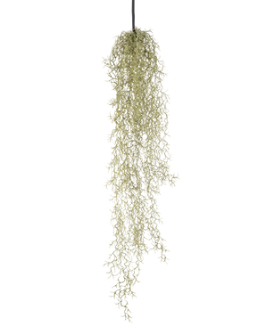 Een Kunst hangplant Gras 91 cm met lange, slepende lichtgroene bladeren hangt aan een zwart koord tegen een effen witte achtergrond.