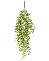 De Kunst hangplant Gardenia met besjes 81 cm is een kunstmatige hangplant met groene bladeren en kleine rode besjes, afgebeeld tegen een witte achtergrond.