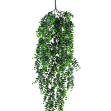 De Kunst hangplant Eucalyptus UV 80 cm heeft dichte, trapsgewijze groene bladeren en een zichtbare steel aan de bovenkant, tegen een effen witte achtergrond.