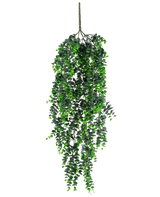De Kunst hangplant Eucalyptus UV 80 cm heeft dichte, trapsgewijze groene bladeren en een zichtbare steel aan de bovenkant, tegen een effen witte achtergrond.