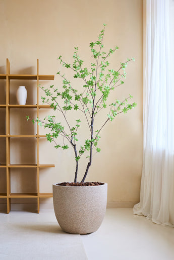 De Kunstplant Enkianthus 180 cm, een levensechte kunstboom met groene bladeren in een grote beige plantenbak gevuld met bruine stenen, staat in een minimalistische kamer met een houten plank, witte vaas, crèmekleurige muren en transparante witte gordijnen.