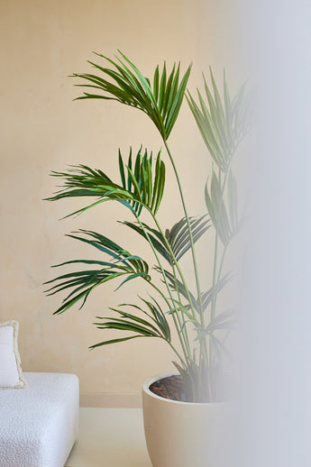 Een Kunstplant Kentia Palm 180 cm staat naast een wit gestoffeerde bank tegen een beige muur, met de rechterkant van het beeld gedeeltelijk verborgen door een mat of onscherp gedeelte.