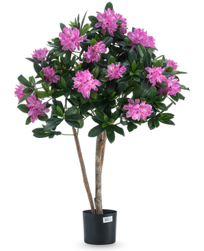 De Kunstplant Rhododendron 90 cm heeft twee slanke bruine stelen, groene bladeren en talloze felroze bloemen in volle bloei tegen een effen witte achtergrond.