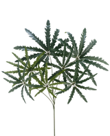 De Kunsttak Ming Aralia spray 68 cm FR heeft groene, stekelige bladeren die zich vertakken vanaf slanke stelen, tegen een effen witte achtergrond.
