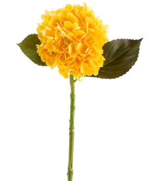 De Kunstbloem Charlotte Hortensia Real Touch in geel, 55 cm, is een enkele kunsthortensiabloem met groene bladeren en een lange steel, tegen een witte achtergrond.