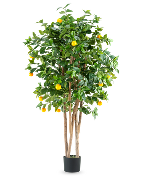 Een hoge kunst sinaasappelboom genaamd "Kunstplant Sinaasappelboom 150 cm" met meerdere bruine stammen, levendige groene bladeren en verschillende fel oranje vruchten in een eenvoudige zwarte pot tegen een effen witte achtergrond.