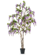 De Kunstplant Blauweregen 280 cm is een hoge kunst blauwe regen boom in een zwarte pot, met meerdere slanke bruine stammen en cascade paarse bloemen met groene bladeren, tegen een effen witte achtergrond.