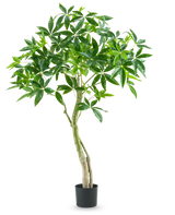 De Kunstplant Pachira 150 cm is een hoge kamerplant in pot met meerdere slanke stammen en trossen brede, glanzend groene bladeren tegen een effen witte achtergrond.