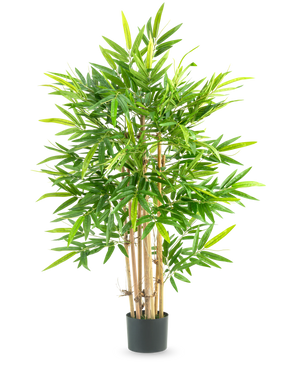 De Kunstplant Bamboe 120 cm is een hoge bamboe in pot met meerdere dunne gelige stengels en veel lange, smalle groene bladeren, tegen een effen witte achtergrond.
