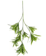 De Kunstplant Dracaena Reflexa spray 86 cm FR is een enkele groene kunststengel met meerdere lange, smalle bladeren die zich vertakken, tegen een effen witte achtergrond.