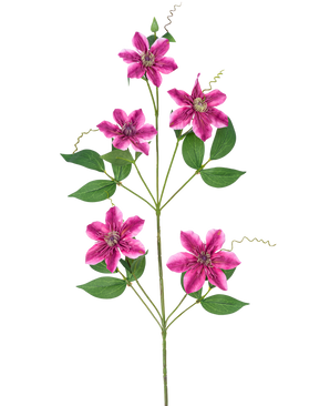 De Kunstbloem Clematis dubbel 78 cm paars heeft vijf stervormige, paarse dubbele bloesems met groene bladeren en krullende ranken op slanke stelen, tegen een witte achtergrond.