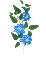 De Kunstbloem Clematis groot 81 cm blauw heeft een steel met verschillende groene bladeren en vier helderblauwe clematisbloemen, elk met een wit hart en puntige bloemblaadjes, tegen een witte achtergrond.