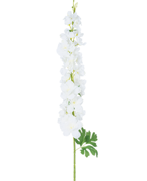 Kunstbloem Delphinium 105 cm wit: een enkele lange steel met meerdere witte bloemen en groene bladeren, gepresenteerd tegen een effen witte achtergrond.