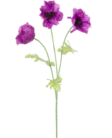 De Kunstbloem Klaproos 73 cm lila heeft drie paarse kunstmatige klaproosbloemen met groene stelen en bladeren, tegen een effen witte achtergrond. De delicate, licht gekreukelde bloemblaadjes voegen textuur toe aan het arrangement.