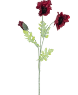 De Kunstbloem Klaproos 73 cm bordeaux heeft een enkele steel met twee open donkerrode klaproosbloemen, een knop en verschillende groene gekartelde bladeren tegen een witte achtergrond.