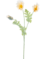 Een delicate botanische illustratie van Kunstbloem Klaproos 73 cm crème, met twee open gele bloemen en een gesloten knop op groene stelen met gekartelde bladeren, tegen een witte achtergrond.