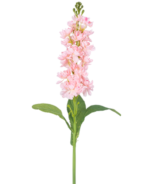 De Kunstbloem Violier 78 cm roze is een enkele kunstbloem lichtroze met meerdere kleine bloesems langs de rechtopstaande steel en groene bladeren, tegen een witte achtergrond.