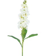 De Kunstbloem Violier 78 cm wit heeft een lange steel met witte bloemen in trossen aan de bovenkant en lange groene bladeren, tegen een effen witte achtergrond.