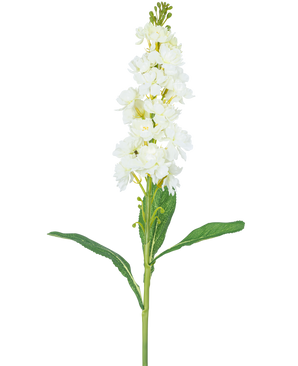 De Kunstbloem Violier 78 cm wit heeft een lange steel met witte bloemen in trossen aan de bovenkant en lange groene bladeren, tegen een effen witte achtergrond.