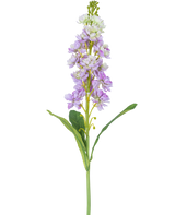 Een enkele Kunstbloem Violier 78 cm in lichtpaars en wit met groene bladeren, tegen een witte achtergrond.